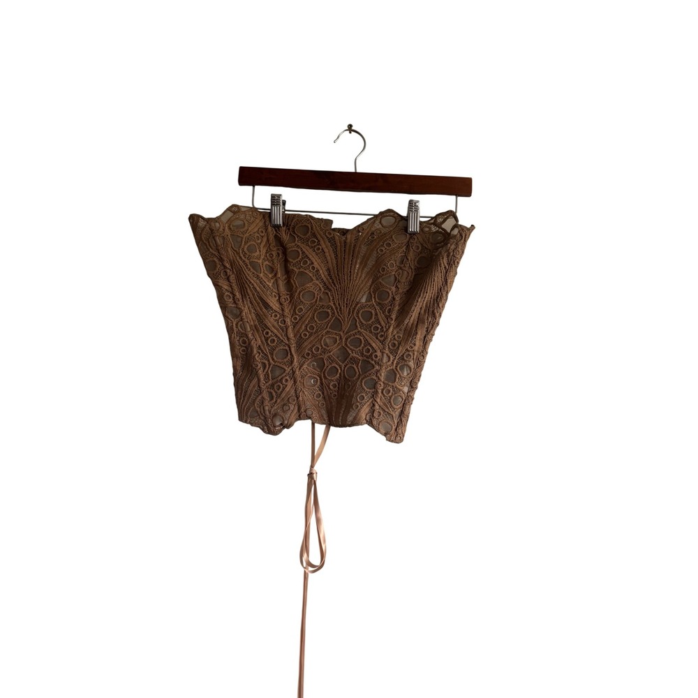 Mocha Brown Lace Corset Top Strapless Geometric Eyelet Lace Up Back Large